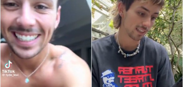 Composite image, left shows Tyde Levi smiling, leaning forward shirtless, the other shows him in a black t-shirt - both are screenshots from TikTok