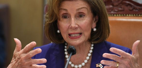 Nancy Pelosi speaking during a legislative session.