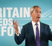 Leader of Reform UK Nigel Farage delivers a speech to launch the hard-right party's general election manifesto in Merthyr Tydfil, south Wales, on June 17, 2024, in the build-up to the UK general election on July 4. (Photo by JUSTIN TALLIS / AFP) (Photo by JUSTIN TALLIS/AFP via Getty Images)