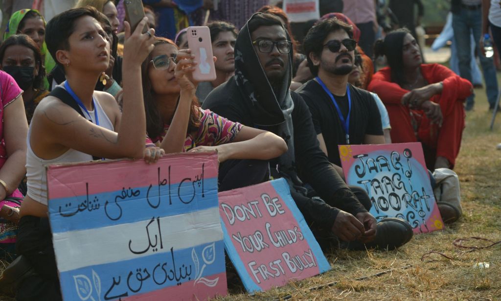 LGBTQ+ activists protesting anti-LGBTQ+ rhetoric in Pakistan.