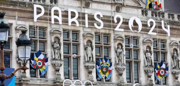 Paris 2024 logo and Olympic and Paralympic Games' posters are displayed on the facade of the Paris town hall several months prior to the start of the Paris 2024 Olympic and Paralympic Games.