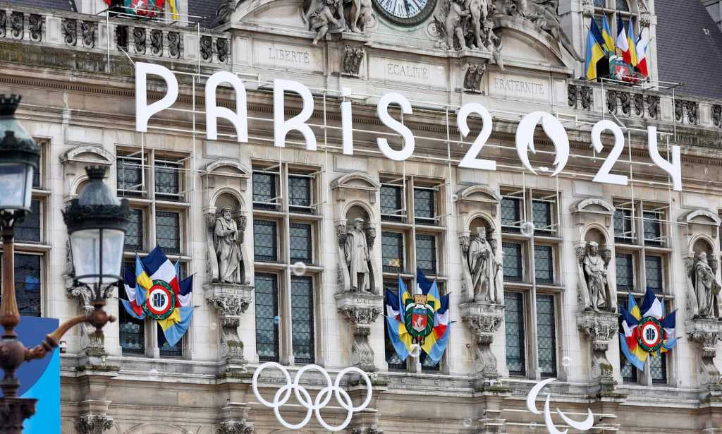 Paris 2024 logo and Olympic and Paralympic Games' posters are displayed on the facade of the Paris town hall several months prior to the start of the Paris 2024 Olympic and Paralympic Games.