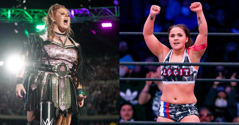 Piper Niven stands on the second rope while making her entrance to the ring and Leyla Hirsch celebrates after winning her match during AEW