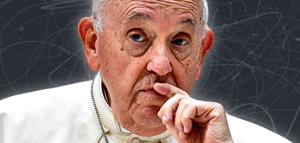 An edited image of a stern Pope Francis on top of a set of scribbles.