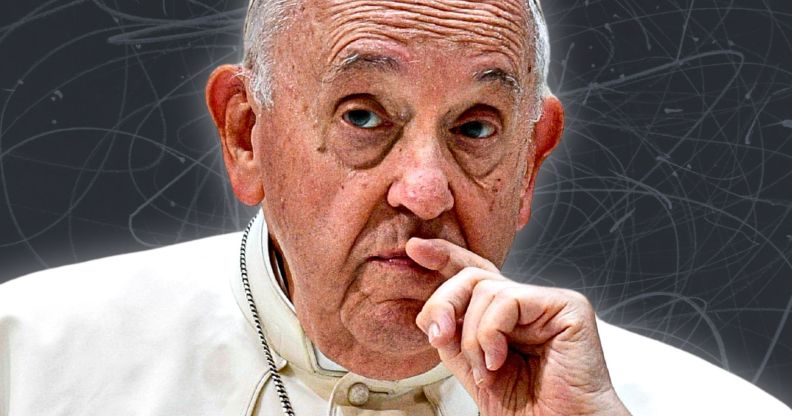 An edited image of a stern Pope Francis on top of a set of scribbles.