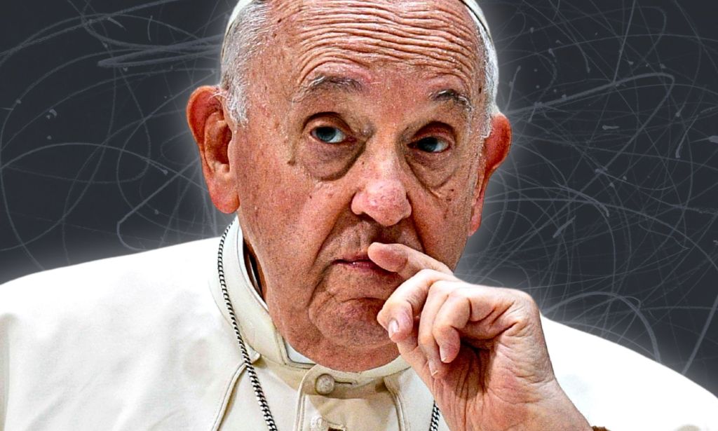 An edited image of a stern Pope Francis on top of a set of scribbles.