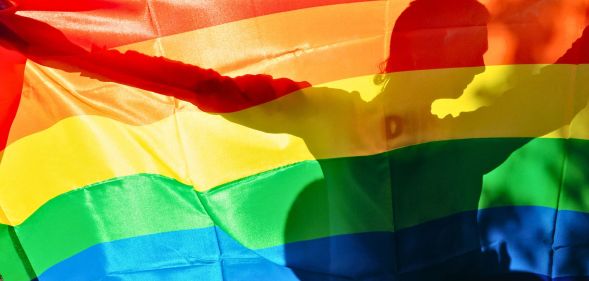 A person behind an LGBTQ+ flag.