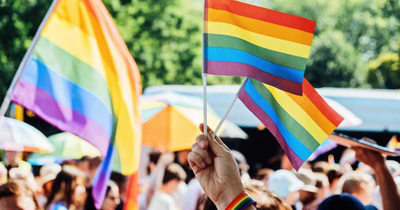 stock image of pride flags at a parade