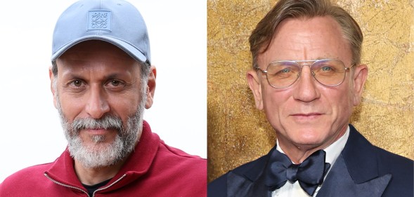 headschots of Luca guadanino wearing a blue cap and red sweater. Daniel Craig wearing glasses and a suit and bowite.
