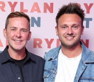 LONDON, ENGLAND - SEPTEMBER 23: Scott Mills and Sam Vaughan attend the launch of Rylan Clark's new book "Ten: The Decade That Changed My Future" at the BT Tower on September 23, 2022 in London, England. (Photo by Mike Marsland/Getty Images for Orion Books)