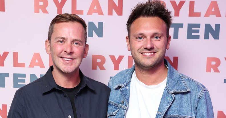 LONDON, ENGLAND - SEPTEMBER 23: Scott Mills and Sam Vaughan attend the launch of Rylan Clark's new book "Ten: The Decade That Changed My Future" at the BT Tower on September 23, 2022 in London, England. (Photo by Mike Marsland/Getty Images for Orion Books)