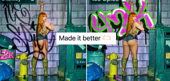 Image shows two versions of Ice Spice's Y2K artwork, with the caption "made it better" overlaid