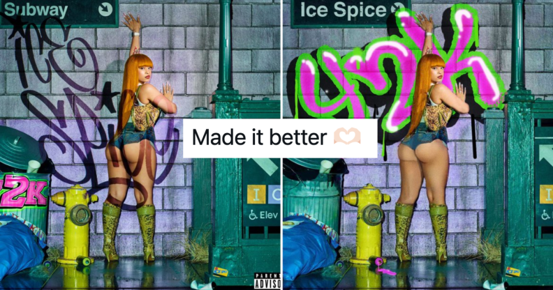 Image shows two versions of Ice Spice's Y2K artwork, with the caption "made it better" overlaid