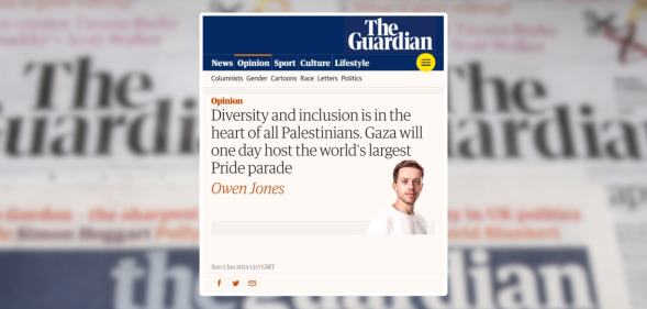 An image, with a headline claiming gay columnist Owen Jones has written a piece about a record-breaking Pride parade in Gaza, is a fake.