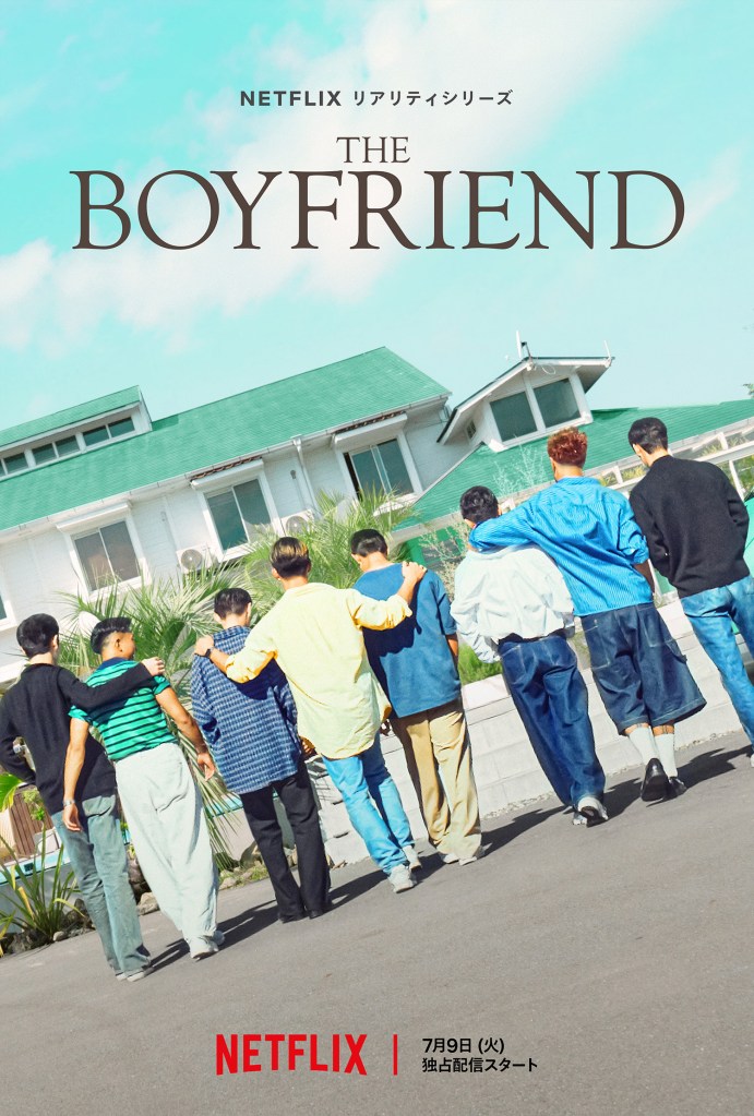 A poster for Netflix's new dating show The Boyfriend, featuring nine men with their backs turned walking towards a house.