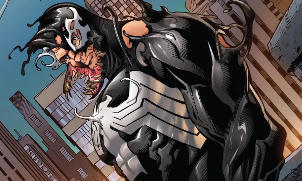 Venom covering Eddie Brock in a comic panel.