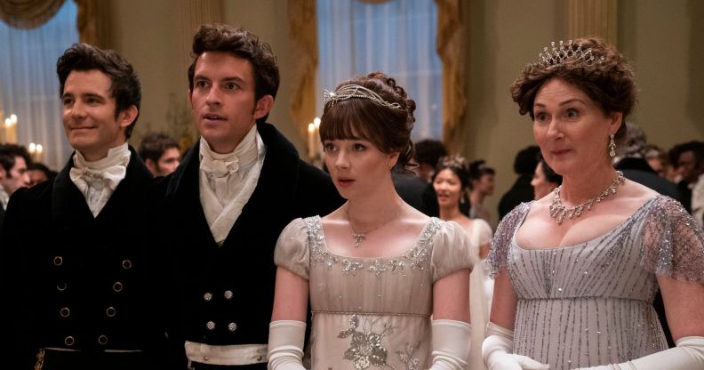 Luke Thompson as Benedict Bridgerton, Jonathan Bailey as Anthony Bridgerton, Claudia Jessie as Eloise Bridgerton, Ruth Gemmell as Lady Violet Bridgerton in Bridgerton season two.