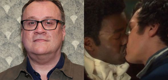 Russell T Davies (left) in a brown jacket. He is standing against a patterned grey wall. On the right a still from Doctor Who featuring the Doctor and Rogue kissing.
