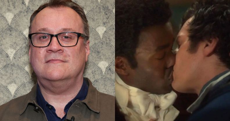 Russell T Davies (left) in a brown jacket. He is standing against a patterned grey wall. On the right a still from Doctor Who featuring the Doctor and Rogue kissing.