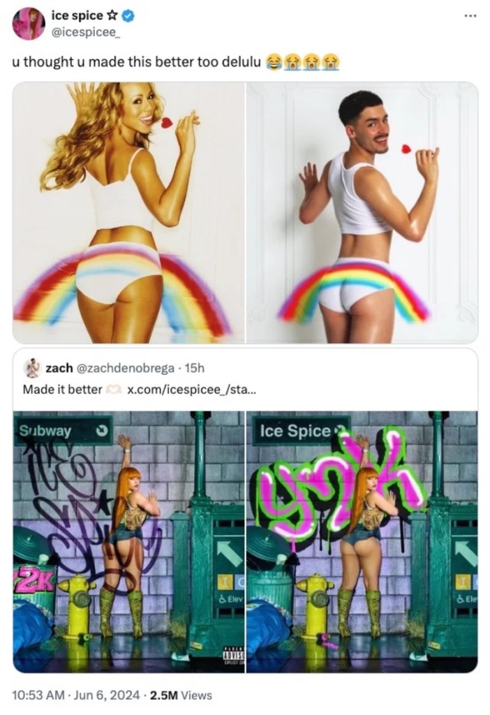 Ice Spice shares tweet showing digital creator recreating Mariah Carey album cover - there is a rainbow on his bottom