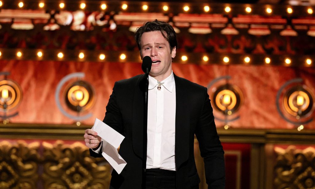 Jonathan Groff tears up as he accepts his Tony Award.