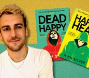 An image featuring author Josh Silver and his books Dead Happy and Happy Head against a yellow and green background.