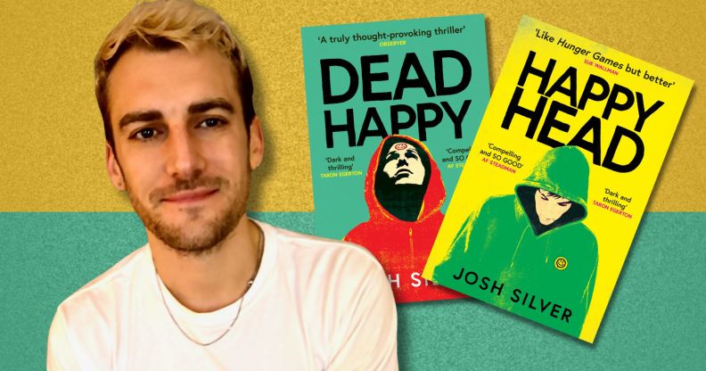 An image featuring author Josh Silver and his books Dead Happy and Happy Head against a yellow and green background.
