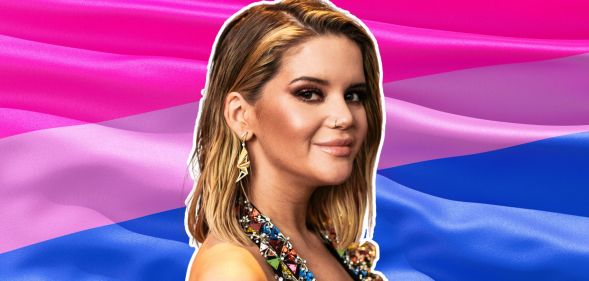 Country music star Maren Morris against a bisexual flag.