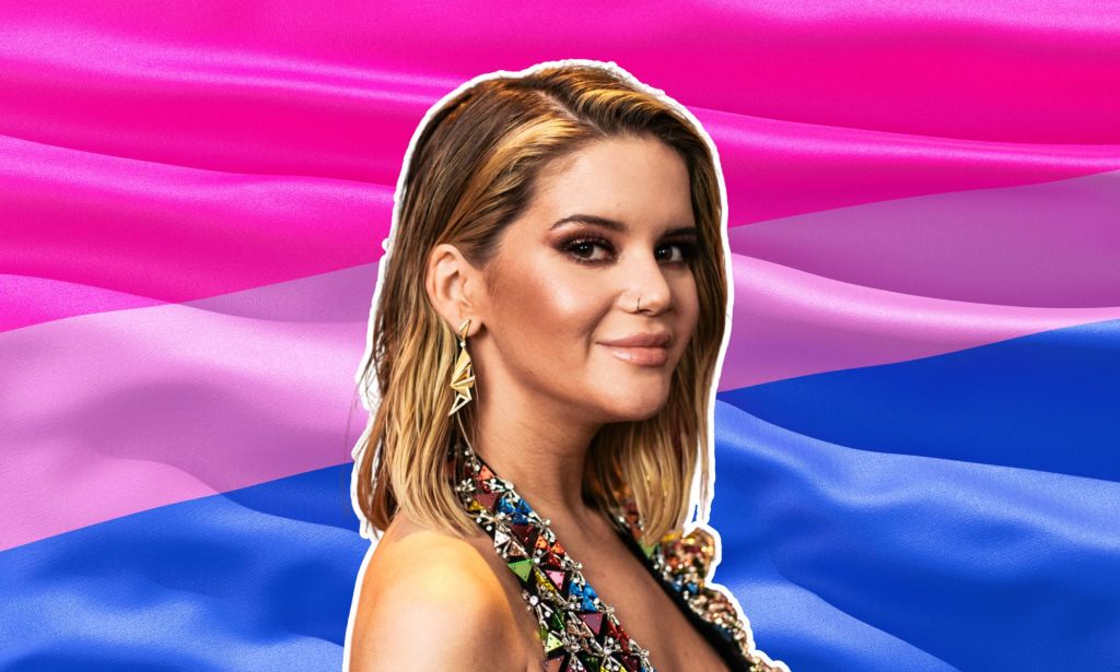 Country music star Maren Morris against a bisexual flag.