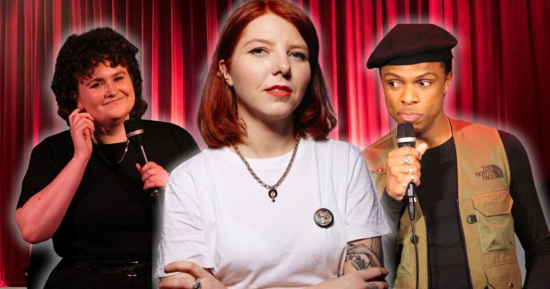 Caitlin Powell, Marty Gleeson and Fab Goualin with a red curtain behind them.