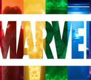 Rainbow background against which the word "Marvel" appears.