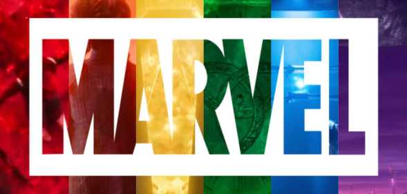 Rainbow background against which the word "Marvel" appears.