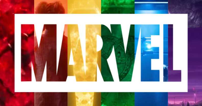 Rainbow background against which the word "Marvel" appears.