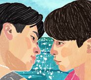 Two men go in for a kiss in an illustrated image for Netflix's new show The Boyfriend.