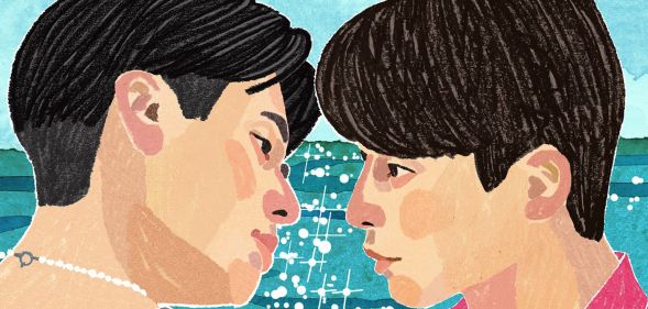 Two men go in for a kiss in an illustrated image for Netflix's new show The Boyfriend.