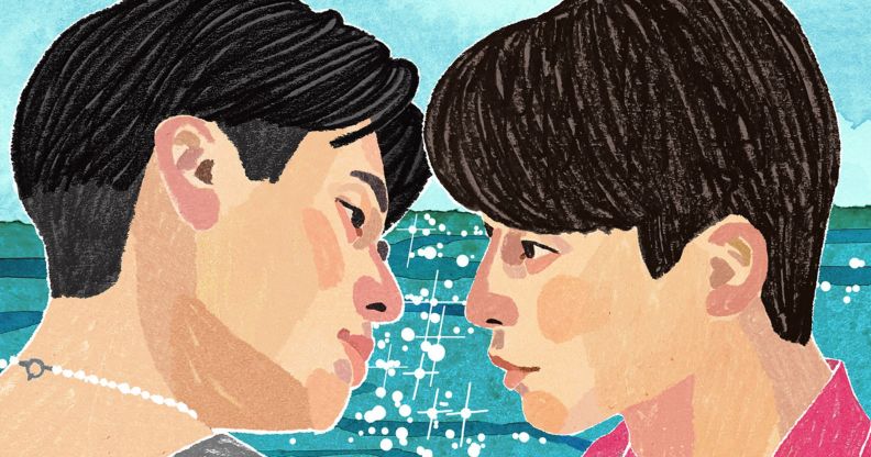 Two men go in for a kiss in an illustrated image for Netflix's new show The Boyfriend.