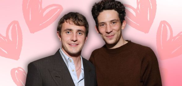 Paul Mescal and Josh O'Connor pose together. They are edited onto a pink background with love hearts on either side of them.