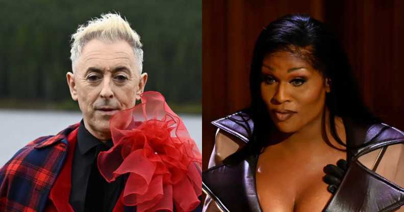 The Traitors US host Alan Cumming (left) and season two contestant and trans Drag Race star Peppermint (right)