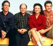 The cast of Seinfeld pictured in the 1990s sitting on a car.