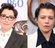 Sue Perkins and Emma D'Arcy on separate red carpets posing for photos.