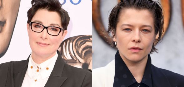 Sue Perkins and Emma D'Arcy on separate red carpets posing for photos.