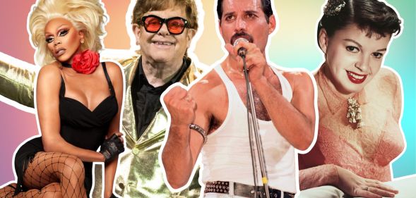 RuPaul, Elton John, Freddie Mercury, and Judy Garland against a rainbow background.