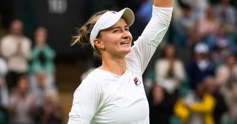 LONDON, ENGLAND - JULY 08: Barbora Krejcikova of the Czech Republic celebrates defeating Danielle Collins of the United States in the fourth round on Day Eight of The Championships Wimbledon 2024 at All England Lawn Tennis and Croquet Club on July 08, 2024 in London, England (Photo by Robert Prange/Getty Images)