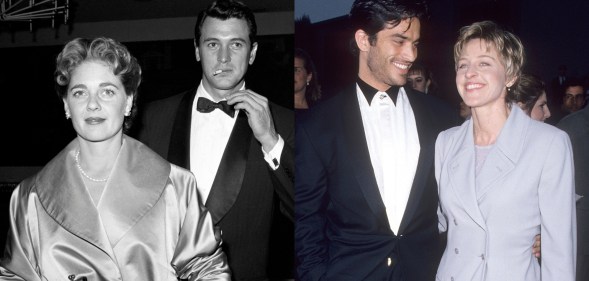 Rock Hudson smoking with wife Phyllis Gates and Johnathon Schaech and Ellen DeGeneres attending the First Annual Screen Actors Guild Awards
