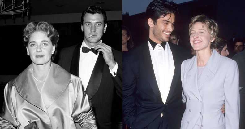 Rock Hudson smoking with wife Phyllis Gates and Johnathon Schaech and Ellen DeGeneres attending the First Annual Screen Actors Guild Awards