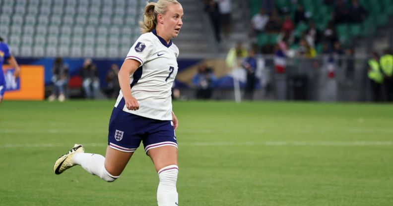 Beth Mead #7 of England controls the ball during the UEFA Women's EURO 2025 qualifying match between France and England at Stade Geoffroy-Guichard on June 4, 2024 in Saint-Etienne, France