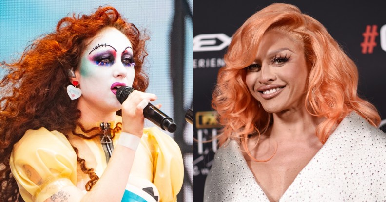 Chappell Roan singing on stage with dramatic make up and a yellow dress. Sasha Colby posing on a red carpet with pink-orange hair and a sparkling white dress.