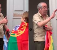 the elderly man waving his Pride flag.