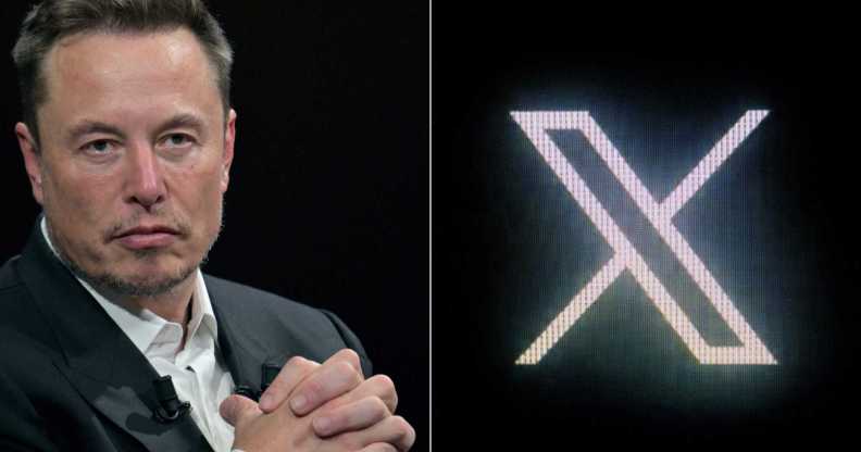 Elon Musk with an X logo behind him