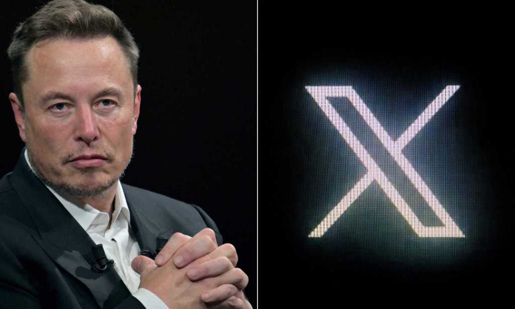 Elon Musk with an X logo behind him